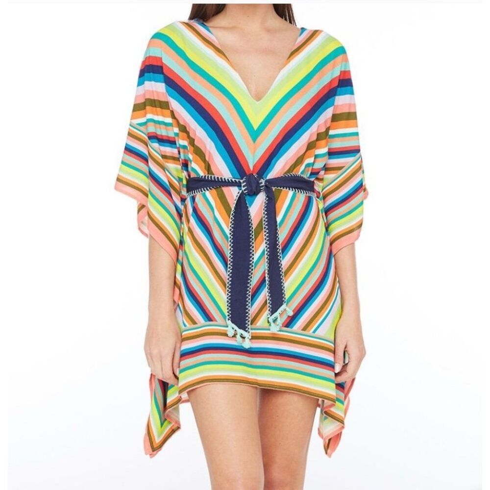 Trina Turk Aveiro Rainbow Stripe Caftan Swimsuit Cover Up Dress S/M Resortwear